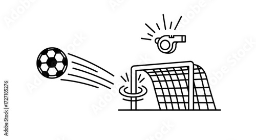 Soccer ball in motion towards a goal with a whistle blowing above representing a game in progress and referee s call