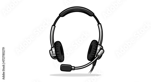 A black and silver headset with a microphone is isolated on a white background perfect for communication and gaming themes