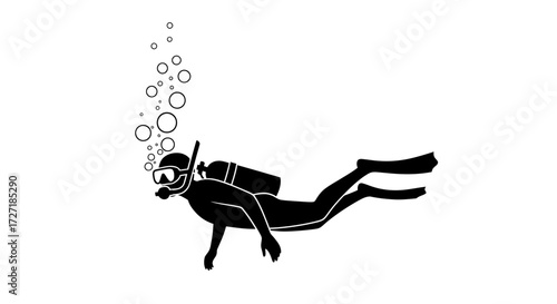 Black silhouette of a scuba diver with bubbles ascending against a white background