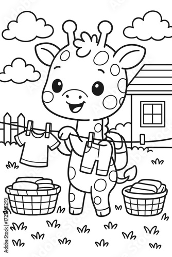 Adorable giraffe hanging laundry on a clothesline in a cheerful illustration