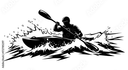 Silhouette of a kayaker paddling through rough water with splashes and foam creating dynamic action and motion