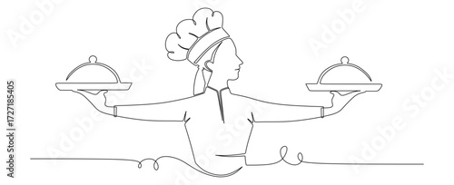 Continuous line art of a female chef carrying food in her hands. This icon is for a banner sticker or restaurant logo.