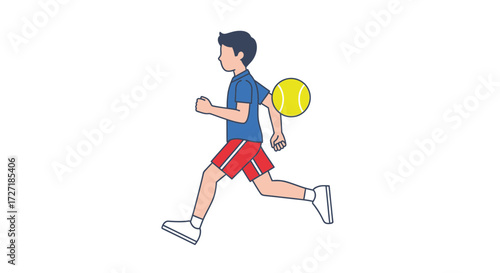 Young boy in athletic wear running with a tennis ball behind him representing speed and sports activity