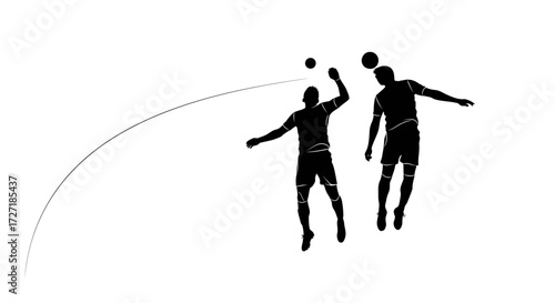 Two black silhouettes of soccer players jumping in the air to head the ball during a competitive match with a white background