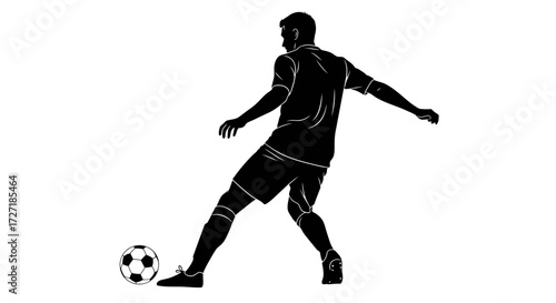 Dynamic silhouette of a soccer player kicking a ball in motion against a clean white background