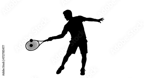 Silhouette of a male tennis player in action hitting a tennis ball with his racket during a match on a white background