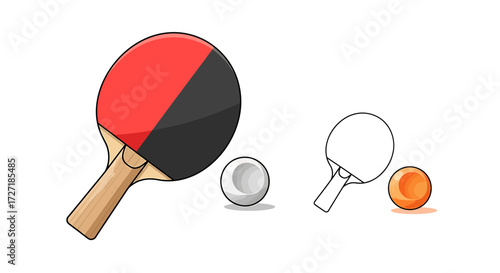 Two ping pong paddles and three balls one paddle and ball are outlined for coloring and design
