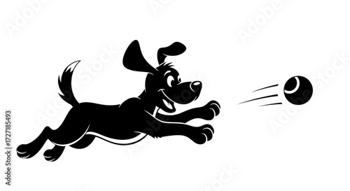 Joyful black cartoon dog in silhouette leaping and chasing a black ball with motion lines on a white background