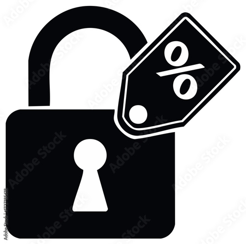 Black and white padlock with percentage discount tag, secure sale concept