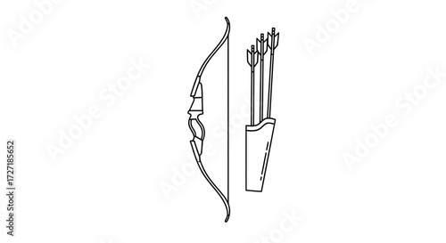 A minimalist line art illustration of a recurve bow and a quiver full of arrows on a white background representing archery and traditional sports equipment