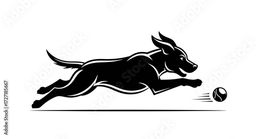 Dynamic silhouette of a black dog in full sprint chasing a tennis ball with motion lines on a white background