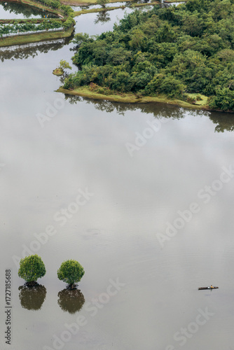 Aerial view of a serene lake with lush islands and a lone boatman paddling near submerged trees. Aceh Jaya Regency, Aceh, Sumatra, Indonesia