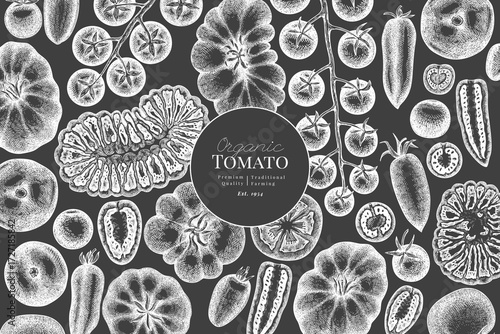 Hand Drawn Chalk Board Tomato Illustration. Retro Vegetable Vector Design Template. Old School Farm Food.