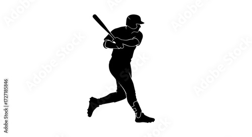 Silhouette of a baseball player in mid swing holding a bat ready to hit the ball during a game on a white background