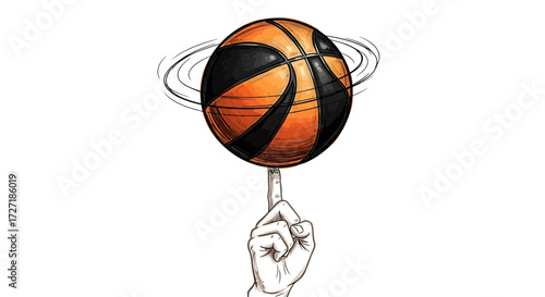 Dynamic illustration of a basketball skillfully balanced and spinning on the tip of a finger conveying motion and concentration