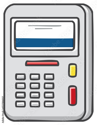 Cartoon payment terminal device with display screen and numeric keypad for transactions