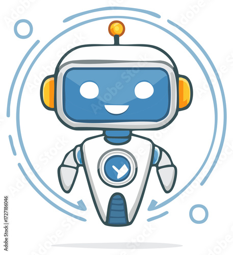 Friendly robot character illustration with an interface design surrounded by arrows