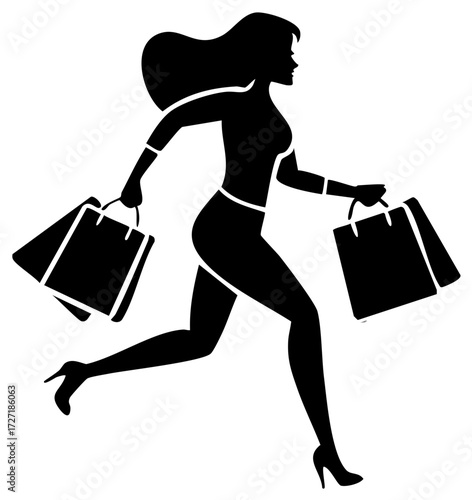 Stylish Woman Running with Shopping Bags Silhouette Black and White Illustration