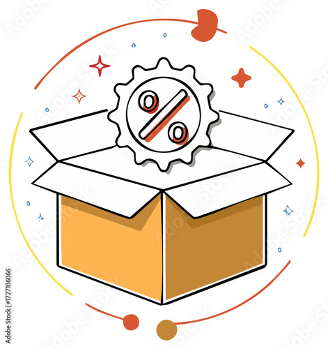 Opened box with gearwheel and percent sign. Concept for sales, discount, marketing, or offer.