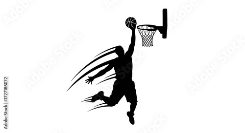 Dynamic black silhouette of a basketball player soaring through the air for a powerful slam dunk against a white background