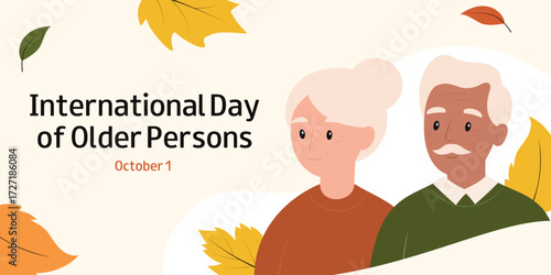 International Elderly Couple with autumn leaves. International Day of Older Persons. Parents Day. Grandparents Day. Horizontal banner, greeting card, invitation, flyer, advertising.