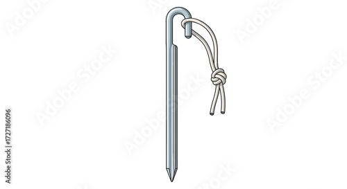 A single metal tent stake with a looped cord attached to its hook isolated on a white background ready for outdoor adventures