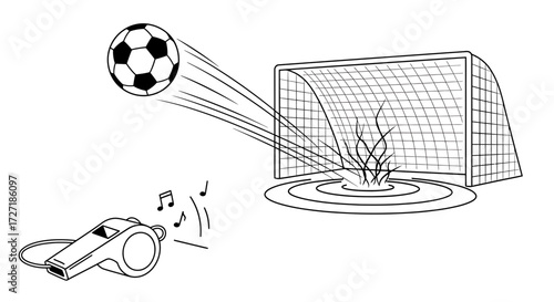 A dynamic black and white illustration depicts a soccer ball in mid air powerfully striking a goal net accompanied by a referee s whistle and musical notes symbolizing the game s excitement and sound