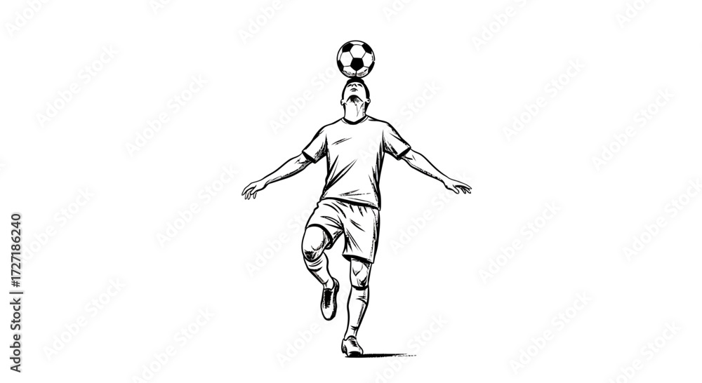 Fototapeta premium Dynamic black and white sketch of a soccer player balancing a ball on his head while standing on one leg with arms outstretched for stability