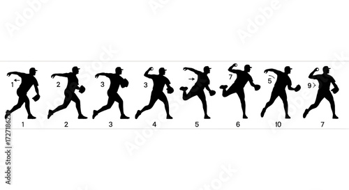 Sequence of silhouettes illustrating the motion and mechanics of a baseball pitcher throwing a ball from windup to follow through