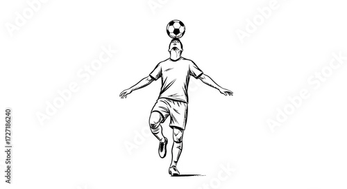 Dynamic black and white sketch of a soccer player balancing a ball on his head while standing on one leg with arms outstretched for stability