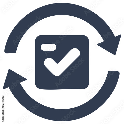 Checkmark inside square, with arrows around, representing a cycle, approval, or process.