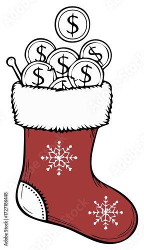 Christmas stocking overflowing with dollar coins and festive snowflakes