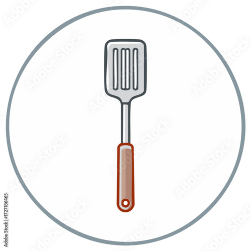 Isolated cartoon style slotted spatula with wooden handle inside circle, kitchen utensil for cooking and grilling foods