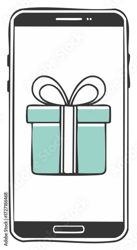 Hand-drawn smartphone with gift box on screen, outline, digital present illustration