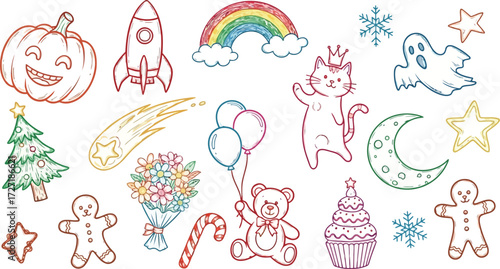 Vector art of whimsical collection of cartoonish icons for various celebrations