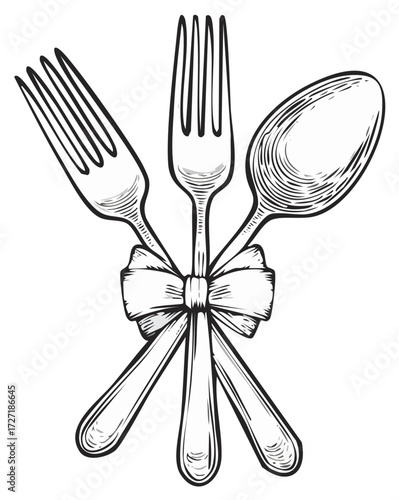 Fork Spoon Utensil Arrangement with Tied Ribbon Decoration Illustration for Culinary Theme