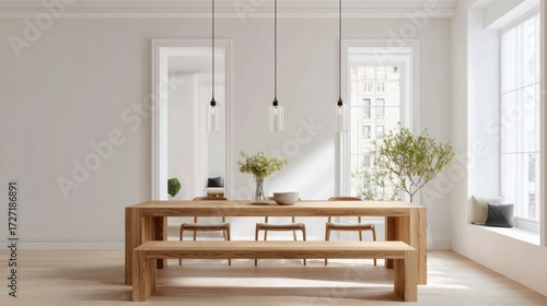 refined minimalist dining room long wooden table