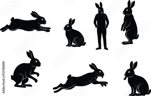 Silhouette rabbits collection, black bunny poses, jumping hare, sitting rabbit, standing bunny, running hare, crouching rabbit, anthropomorphic bunny character, vector illustration design