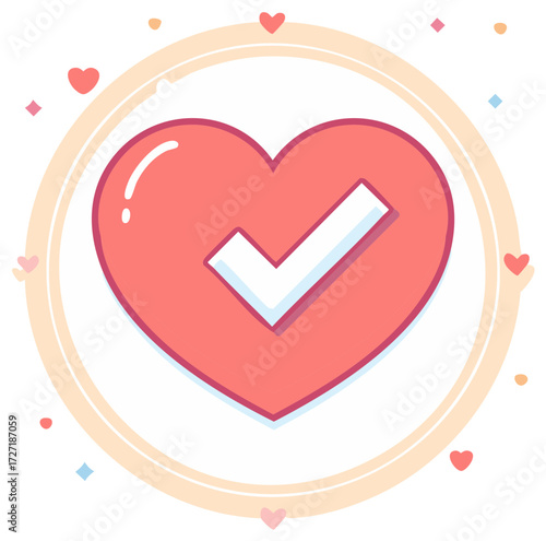 Red heart with check mark inside circular frame, love and approval concept