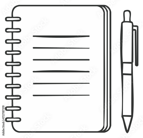 Hand drawn spiral notebook and pen icon doodle sketch for writing notes or journaling