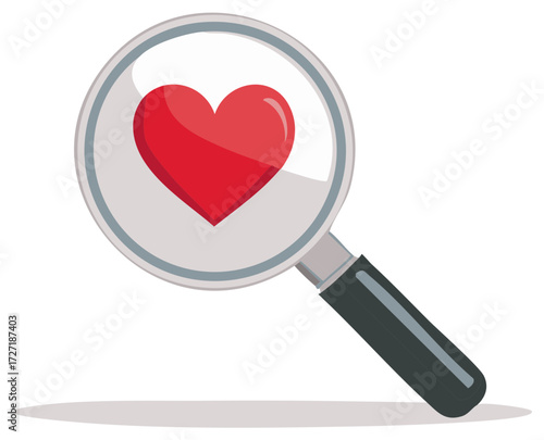 Magnifying Glass Examining Red Heart Symbol of Love and Romance Illustration