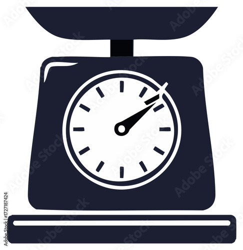 Illustration of a kitchen scale with round dial and needle showing measurement  Food ingredient weighting