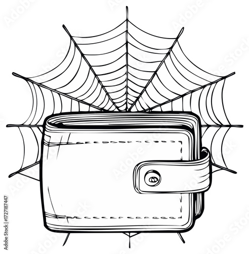 Leather Wallet Caught in Spider Web Symbolizing Financial Trap or Debt