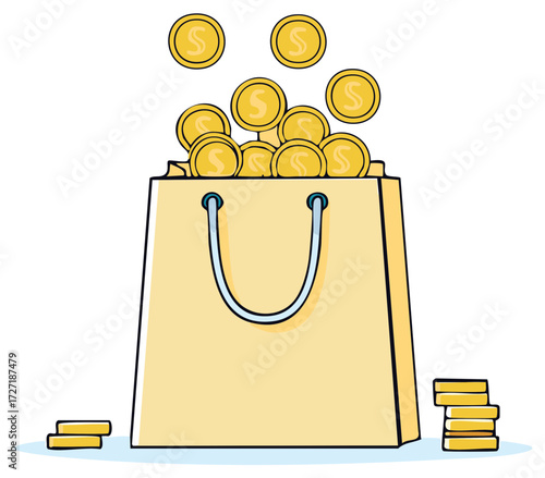 Money overflowing from shopping bag illustrating wealth and financial success vector