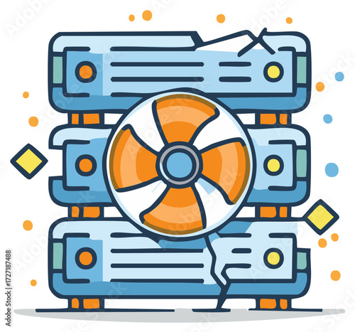 Server Rack Overheated With Malfunction Cartoon Illustration