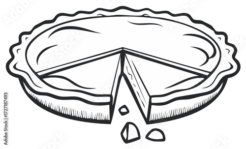 Black and white outline drawing of a pie with one slice removed and crumbs