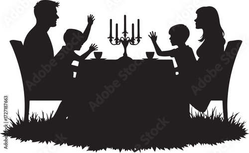 Family silhouette at table with candelabra and cups