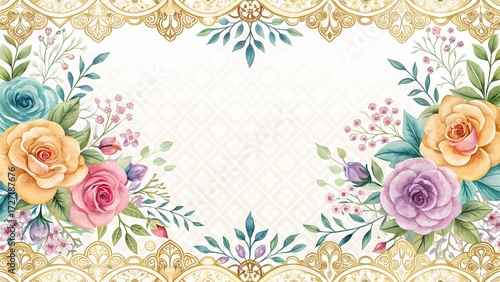 Watercolor Floral Background with Gold Lace Border and Pastel Roses for Elegant Invitations and Greeting Cards