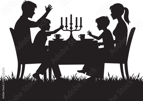 Family silhouette at table with candelabra and cups