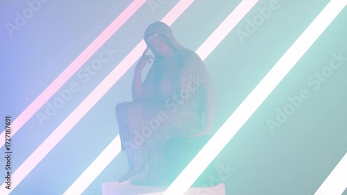 3D animation of a seated statue under LED tubes